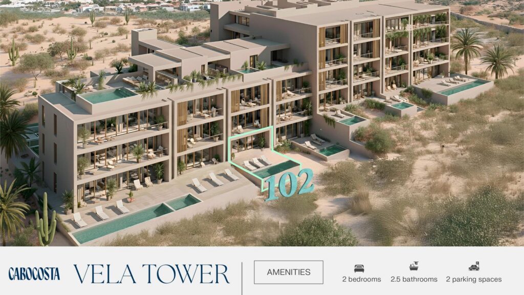 Los Cabos Cabo Costa Welcome to Villa 102 at Cabo Costa - Vela Tower, a modern 2-bedroom, 2.5-bath ground-floor residence located in the desirable Cabo Corridor / El Tezal area. This thoughtfully designed home offers a seamless indoor-outdoor lifestyle with contemporary finishes, an open-concept layout, and direct access to a spacious private terrace. One of the highlights of this residence is its private plunge pool and outdoor lounge area, creating the perfect space for relaxing or entertaining while enjoying the Cabo lifestyle.The unit offers approximately 105 m² (1,130 sq. ft.) of interior space and a total of 144 m² (1,549 sq. ft.) including a 39 m² (420 sq. ft.) terrace, providing a well-balanced layout for comfort and functionality.Cabo Costa is a boutique-style development offering resort-inspired amenities, including pools, fitness center, clubhouse, jacuzzi, sun deck, children's area, and beautifully landscaped common spaces.Ideally located just minutes from downtown Cabo San Lucas, beaches, the marina, restaurants, and shopping, this property combines convenience, lifestyle, and strong investment potential.Pre-construction opportunity with estimated delivery in November 2026, allowing buyers to secure today's pricing in one of Cabo's fastest-growing areas.Perfect as a vacation home, rental investment, or full-time residence in Los Cabos. – Vela Tower 102, Cabo Corridor, Cabo Corridor, BS